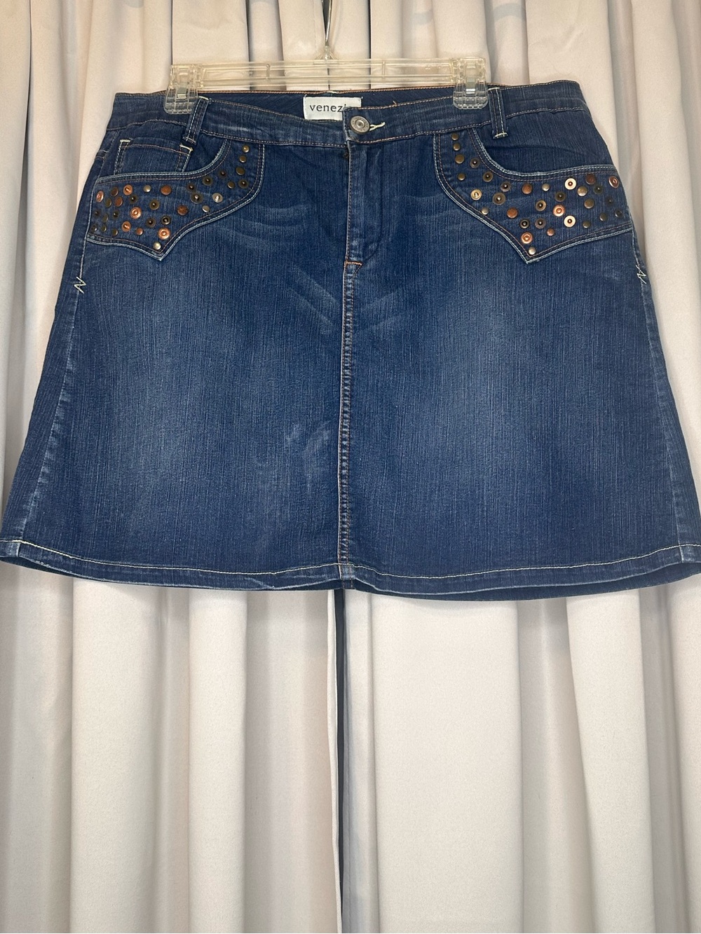 Venezia Dark Blue Denim A-Line Mini Skirt with Stud Accents